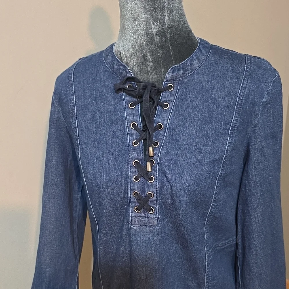 J. Jill Blue Denim Lace-Up Midi Dress 3/4 Sleeve Shift M Boho Casual - Picture 2 of 8
